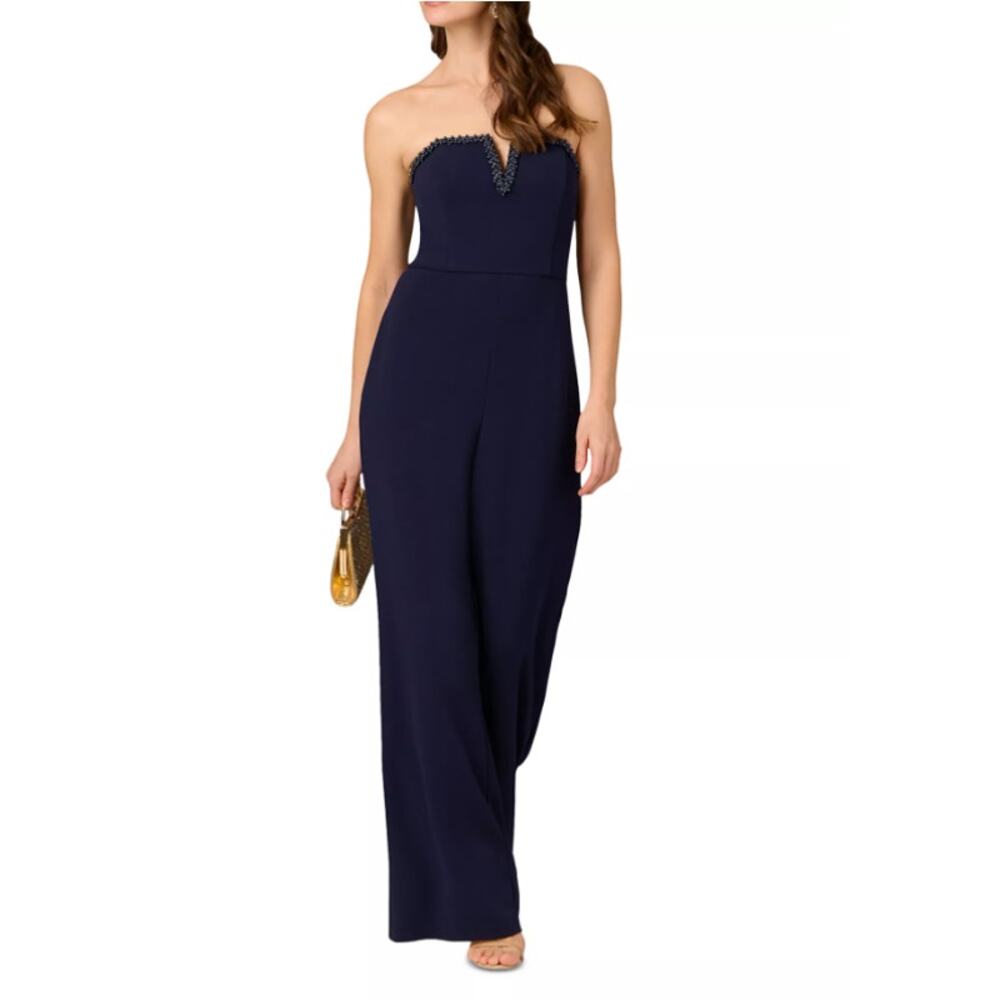 Aidan Mattox Women's Navy Knit Crepe Strapless Jumpsuit Size 10